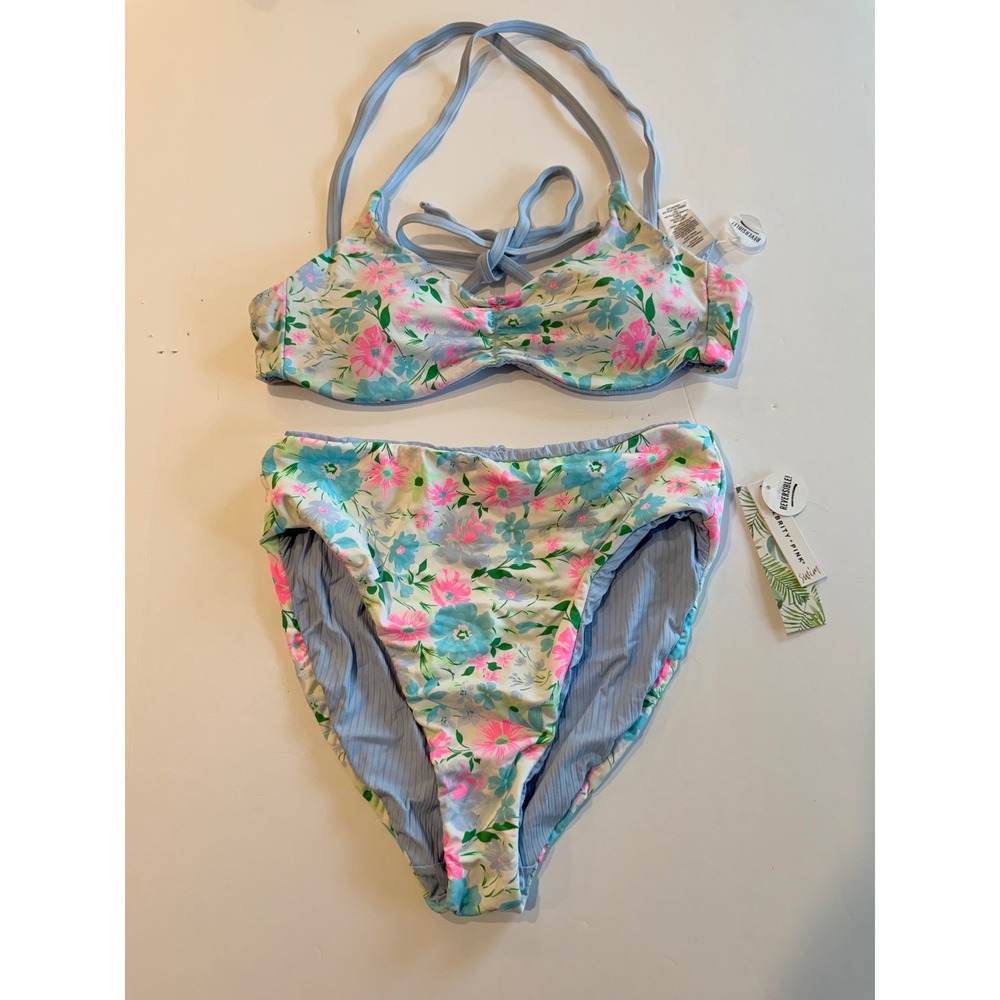 Celebrity Pink Reversible Floral Ribbed Bikini‎ Set Blue Pink M Top S Bottom NEW